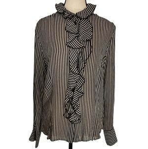 Frank Walder Ruffled High Neck Long Sleeve Black & White Striped Blouse - Sz M/L